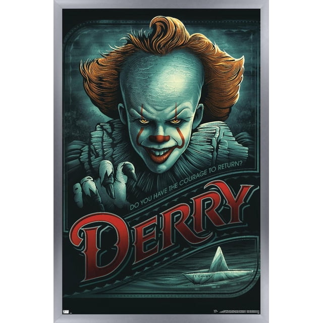 IT - Pennywise Derry Affiche Murale, 14,725 Pouces x 22,375 Pouces Encadrée, Représentant une illustration Stylisée Orientée vers l'Avant de Pennywise aux Cheveux orange Vif et à la Peau Bleu Pâle Fissurée, Tendant vers l'Avant avec des Mains Griffées. l'Arrière-plan Sarcelle Foncé Comprend le Texte « Avez-Vous le courage de Revenir? » Au‐dessus du Grand Lettrage Rouge « Derry » et d'Un Bateau en Papier Étiqueté « S
