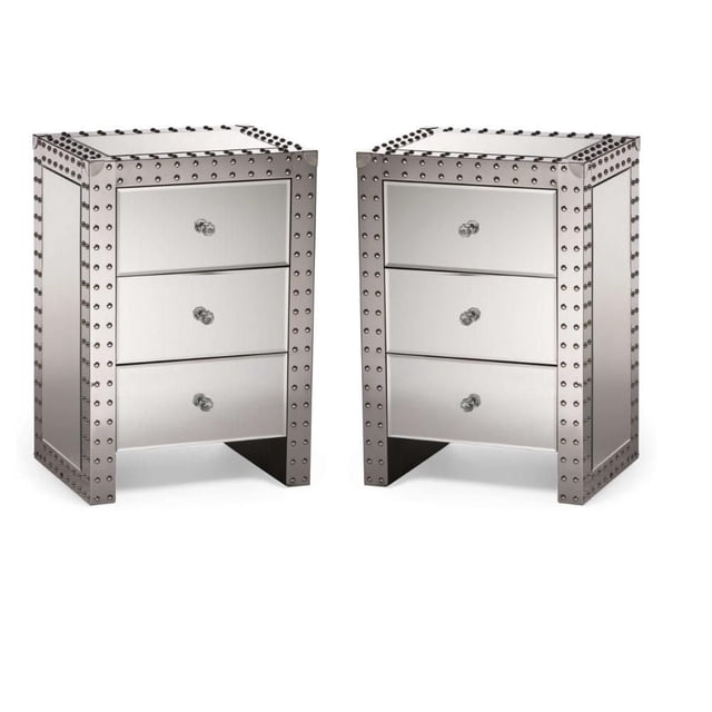 Plata Decor Import, Contemporary Mirrored Nightstand Duo with Stainless Steel & Premium Drawer, Rita Nightstand, Set of 2, featuring two mirrored nightstands with three spacious drawers each, riveted stainless steel frame, designed to enhance bedroom storage, light reflection, and visual space.