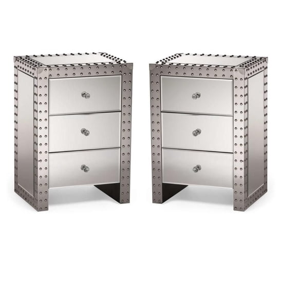 Plata Decor Import, ensemble de deux tables de chevet contemporaines avec miroir, tiroir en acier inoxydable et de qualité supérieure, tables de chevet Rita, lot de 2