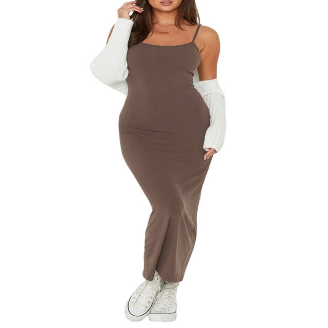 Robe Débardeur Ajustée à Bretelles Spaghetti pour Femmes Été Sans Manches Côtelée Longue