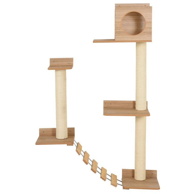 PawHut Wall Mounted Cat Tree with Scratching Post Condo Bridge Cat Climbing Shelves Furniture, Brown