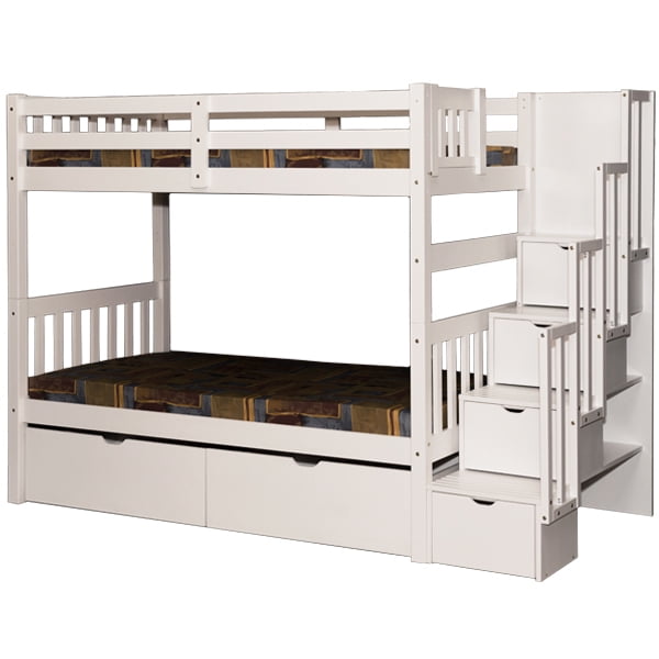 Stairway Twin over Twin Bunk Bed with Drawers featuring a solid wood construction in a white finish. The design includes a built-in staircase with safety rails for easy access to the top bunk, which can be assembled on either side. The bunk bed also offers two spacious drawers underneath for storage. The versatile structure allows conversion into two separate twin beds. Each bunk supports up to 300 lbs and accommodates mattresses up to 7 inches thick, supported by a slat system.