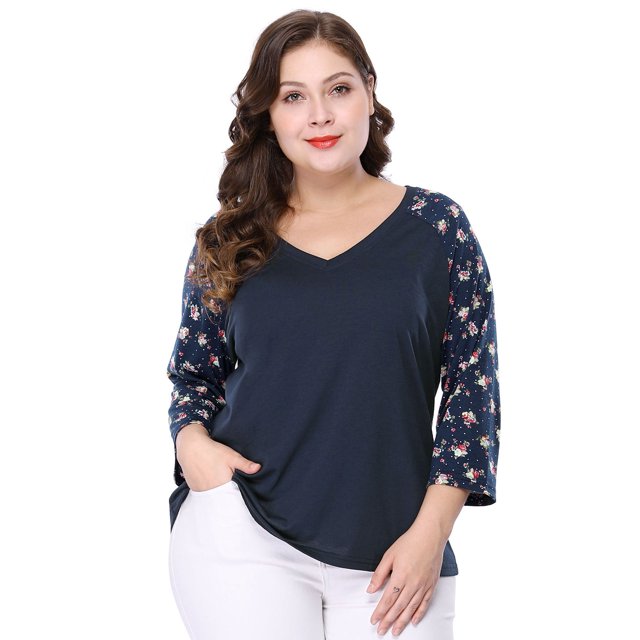 GRACE & GRANDEUR Blouse Raglan à Fleurs pour Femme Grande Taille, Col en V, Manches 3/4