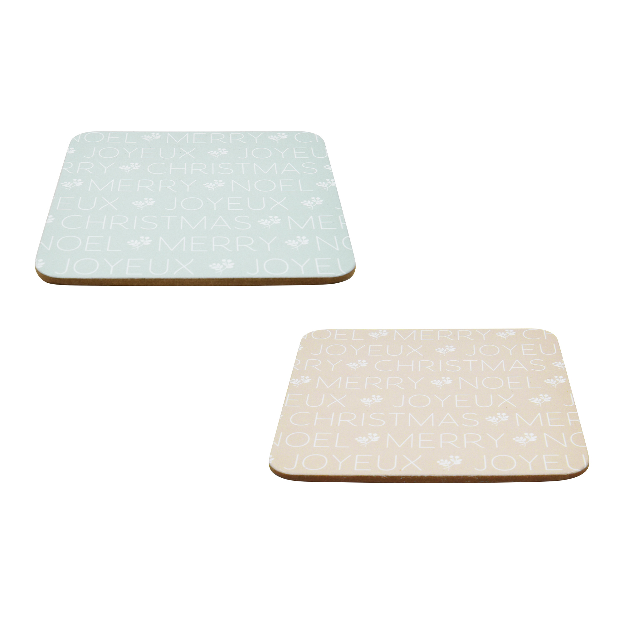 Lot de 4 dessous de verre carrés en liège Holiday Time, motif festif de Noël, vert naturel et beige