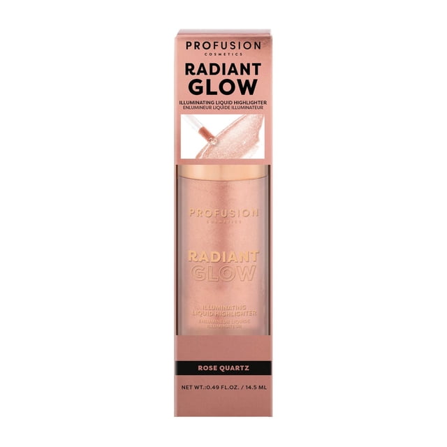 PROFUSION COSMETICS Radiant Glow illuminating liquid highlighter in Rose Quartz shade, in rose gold rectangular box with clear window showing the bottle, featuring buildable, lightweight formula with micro-pearls and Vitamin E for a long-lasting, dewy glow, 14.5 ml.