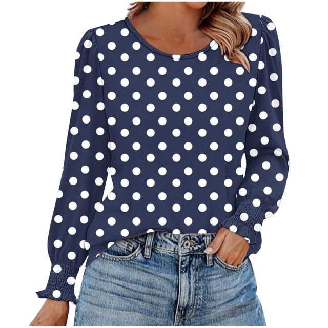 HAiming Chemises à Pois pour Femmes Décontractées à Col Rond Hauts à Volants Plissés Blouse Basique Chic T-Shirts de Travail