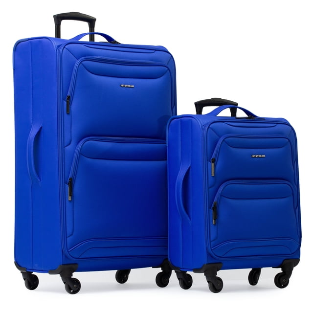 Jetstream® 2-Piece Softside Luggage Set in blue features a 28-inch large checked suitcase and 20-inch carry-on spinner made from durable polyester. Both have front zippered pockets, push-button telescopic handles, and 360° spinner wheels for smooth travel. Lightweight and organized with compression straps, ideal for frequent flyers and weekend trips.