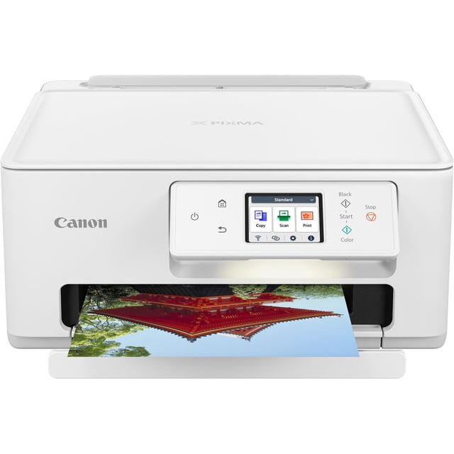 Canon PIXMA TS7720 Wireless All-in-One Inkjet Printer in white, front-facing with a color photo of a red pagoda printing from the output tray, featuring a touchscreen panel with copy, scan, and print functions, suitable for wireless home or office use.