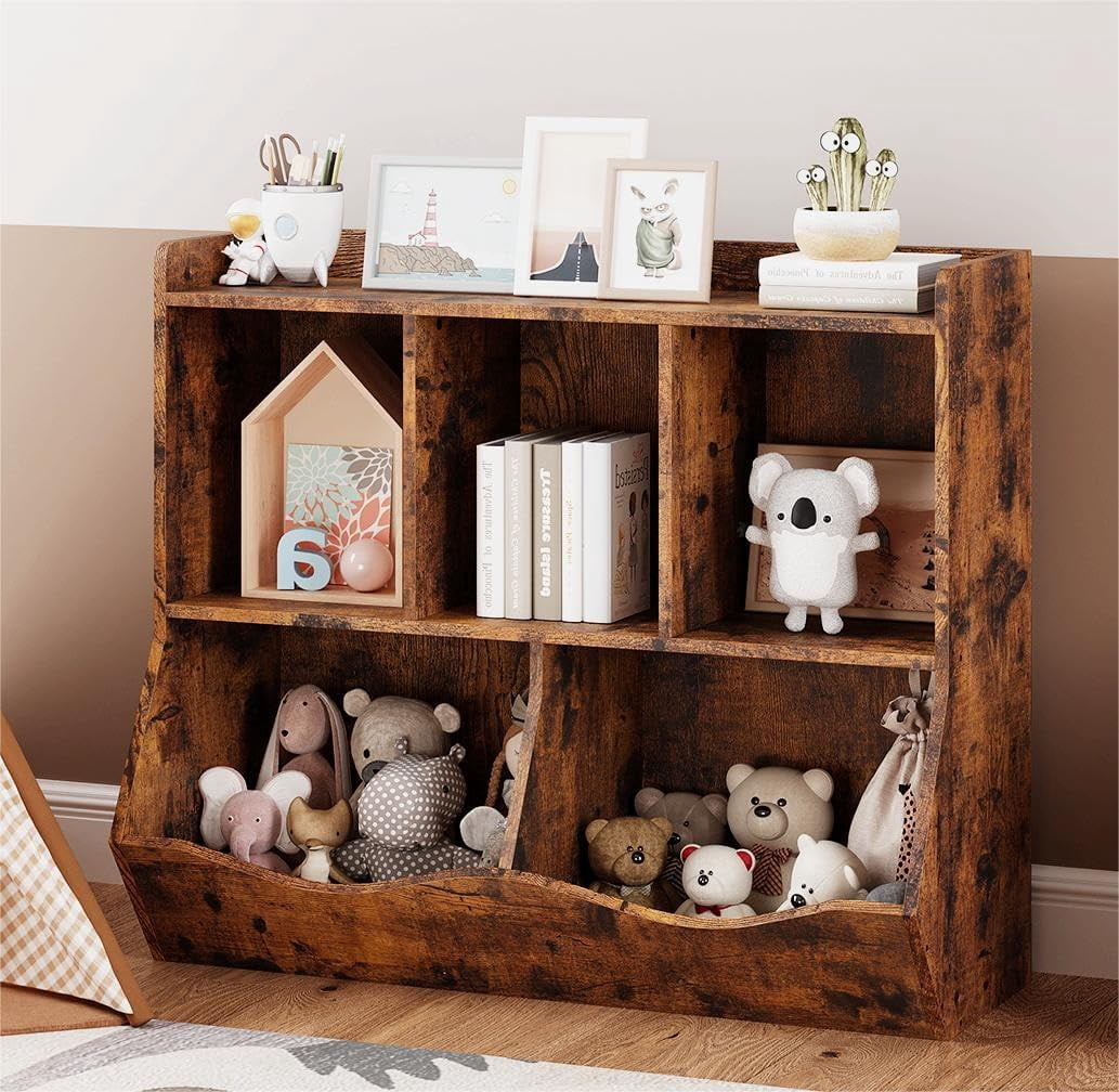 Retro Brown Wooden Kids Bookshelf & Toy Storage Cabinet, Toddler Organizer with Book Shelf for Bedroom, Playroom, Nursery, Hallway & School