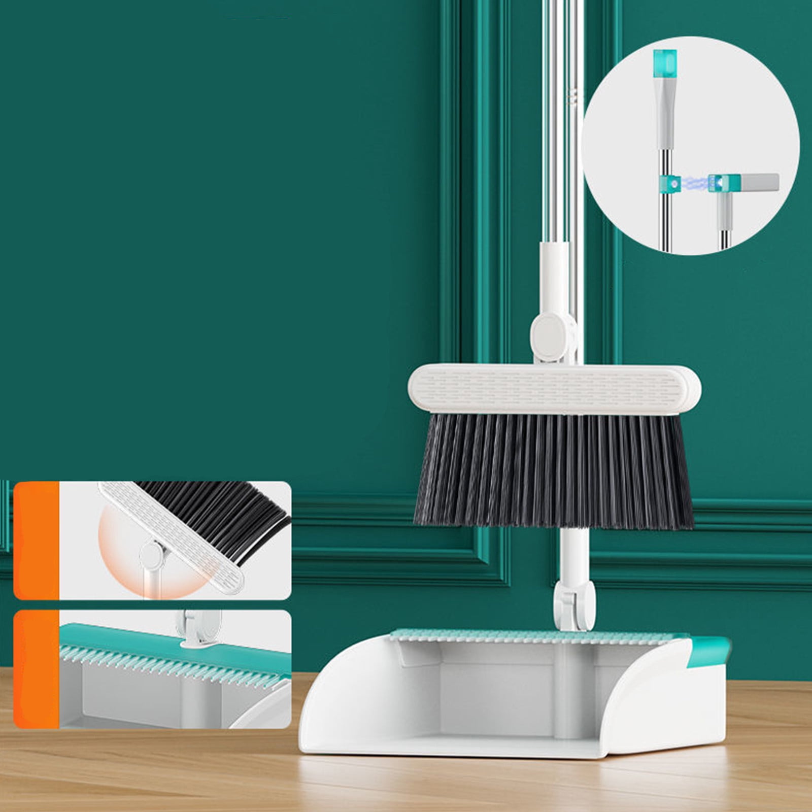 Wzzjkit Broom and Dustpan Set, Brooms Indoor 360°Rotatable Standing Storage Buckle Type Brooms and Dustpan Set with Scraping Teeth and Scraper Cleaning for Home, Broom with Dustpan Combo Set