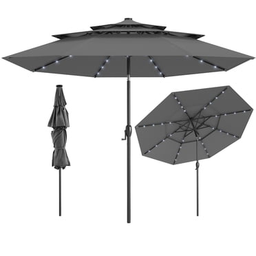 Gymax Parasol de Patio Solaire de 10 Pi avec 32 Lumières DEL, Toit Ventilé à 3 Niveaux, Inclinaison Réglable, Gris