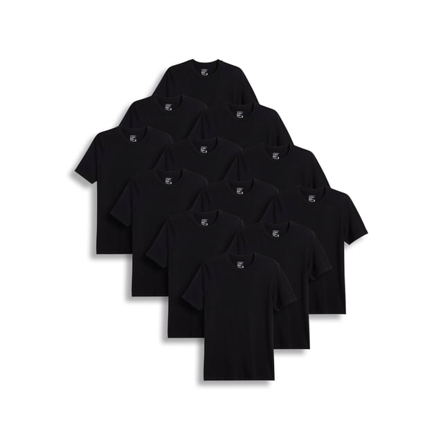 Jockey Men's Classic Crew Neck Undershirt - 12 Pack in black, designed for men’s t-shirts category. Features a relaxed fit, tag-free design, and reinforced collar that lies flat. Made from 100% cotton with Staycool+ technology to wick away moisture and StayNew technology for long-lasting softness and color retention. Suitable for layering or casual wear.