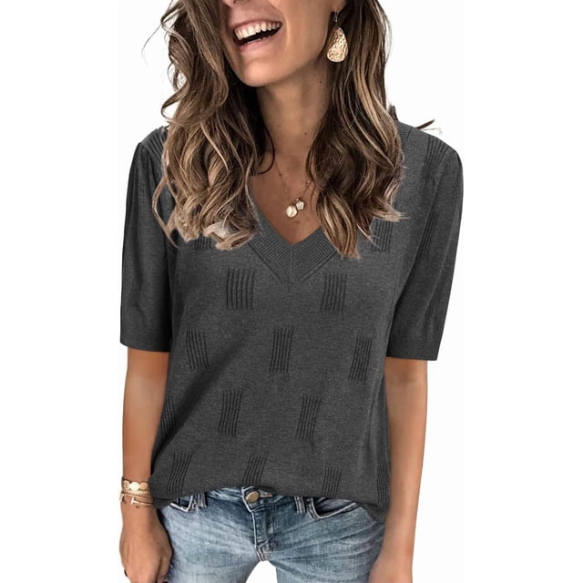 Arach&Cloz Women's V-Neck Short Sleeve Special Rib Knitted Pattern Casual Tops Sweater Spring Summer 2025