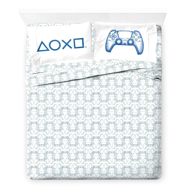 Playstation 4-Piece Full Sheet Set made of 100% polyester, including fitted sheet, flat sheet, and two pillowcases. White bedding features a blue repeating pattern of Playstation controllers, one pillowcase with a detailed controller graphic, the other with Playstation button symbols. Ideal for kids' bedding and machine washable for easy care.
