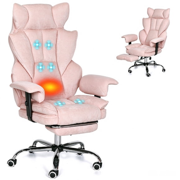 Massage Office Chair with Heat, Footrest, Reclining Desk Chair, Ergonomic Massage Executive Office Chair with Heat, Wide Seat, Reclining Backrest & Footrest, Chenille, Pink
