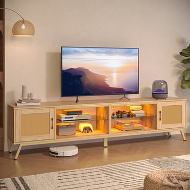 Bestier Meuble Télé de 80 Pouces avec DEL pour Téléviseurs jusqu'à 85 Pouces, Centre de Divertissement Moderne Mi-Siècle en Rotin, Chêne Naturel