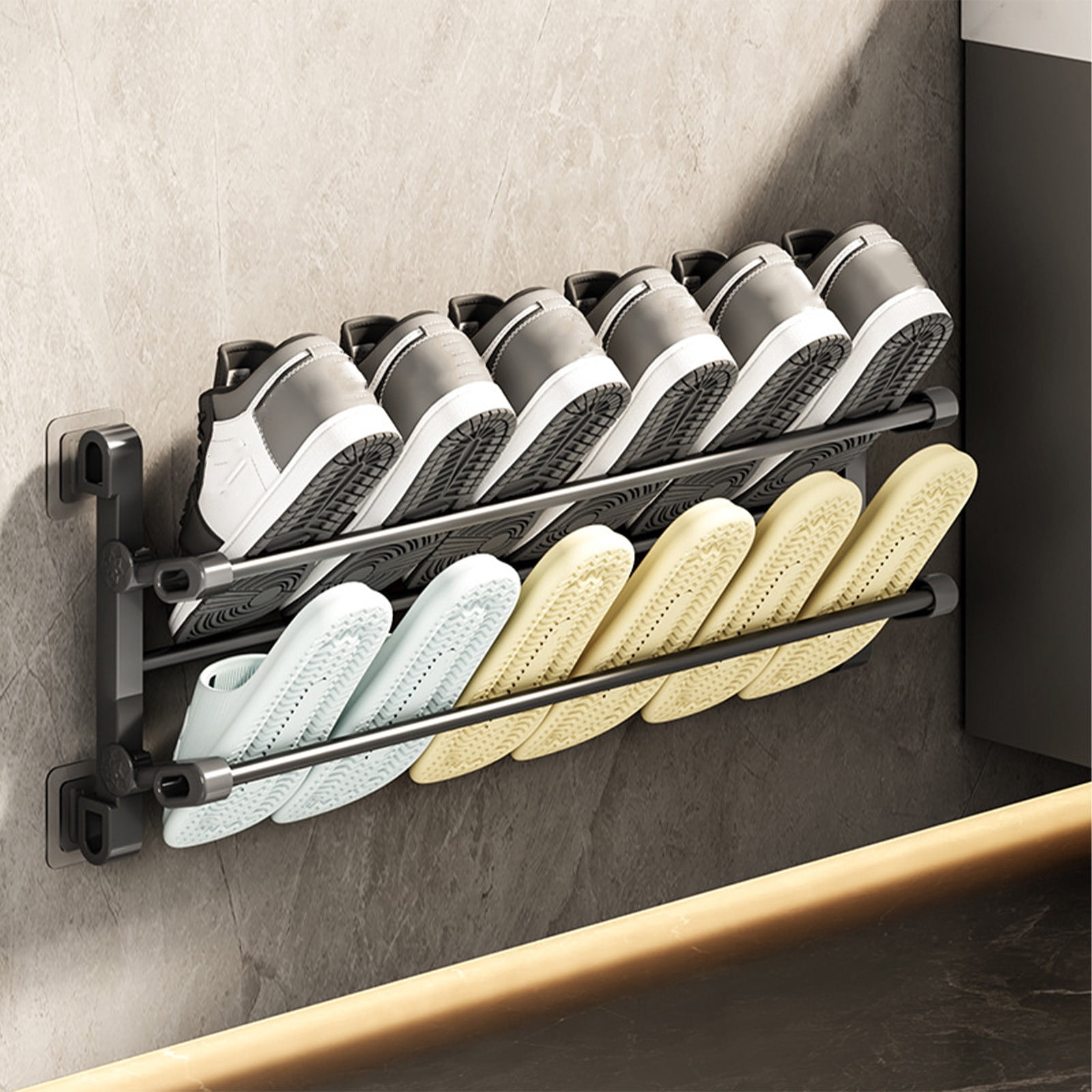 Vrorvz Wall Mounted Foldable Slipper and Shoe Rack Shoe Storage Organizer for Bathroom Use Space Saving Adjustable Height Stainless Steel and ABS Multi Functional Towel Holder