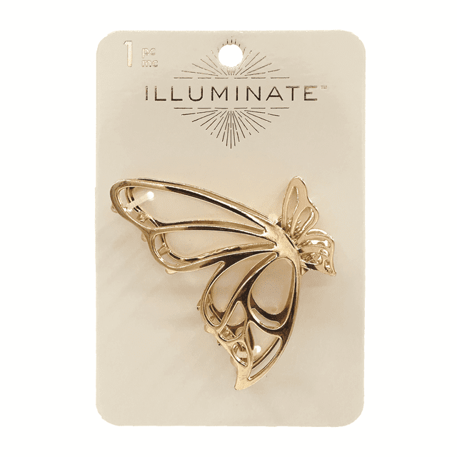 Illuminate 1pc Gold Butterfly Claw Clip on a cream card with Illuminate branding. This gold metal hair accessory features an open butterfly wing design, offering a secure hold and all-day comfort, suitable for everyday or stylish hair clipping.