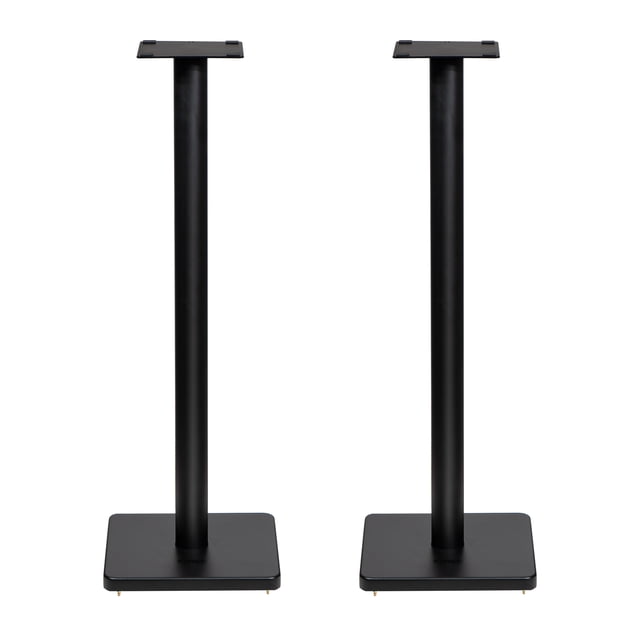 Fluance Floor Speaker Stands for surround sound and bookshelf speakers, shown as a pair in matte black finish. Each stand features a square base, a sturdy vertical pole, and a 6-inch by 6-inch top plate. Designed for improved audio performance, the stands include adjustable floor spikes and rubber isolation feet to reduce vibrations. Built-in cable management allows for a clean and organized setup. Compatible with speakers under 25 lbs, these stands are ideal for enhancing home audio systems.