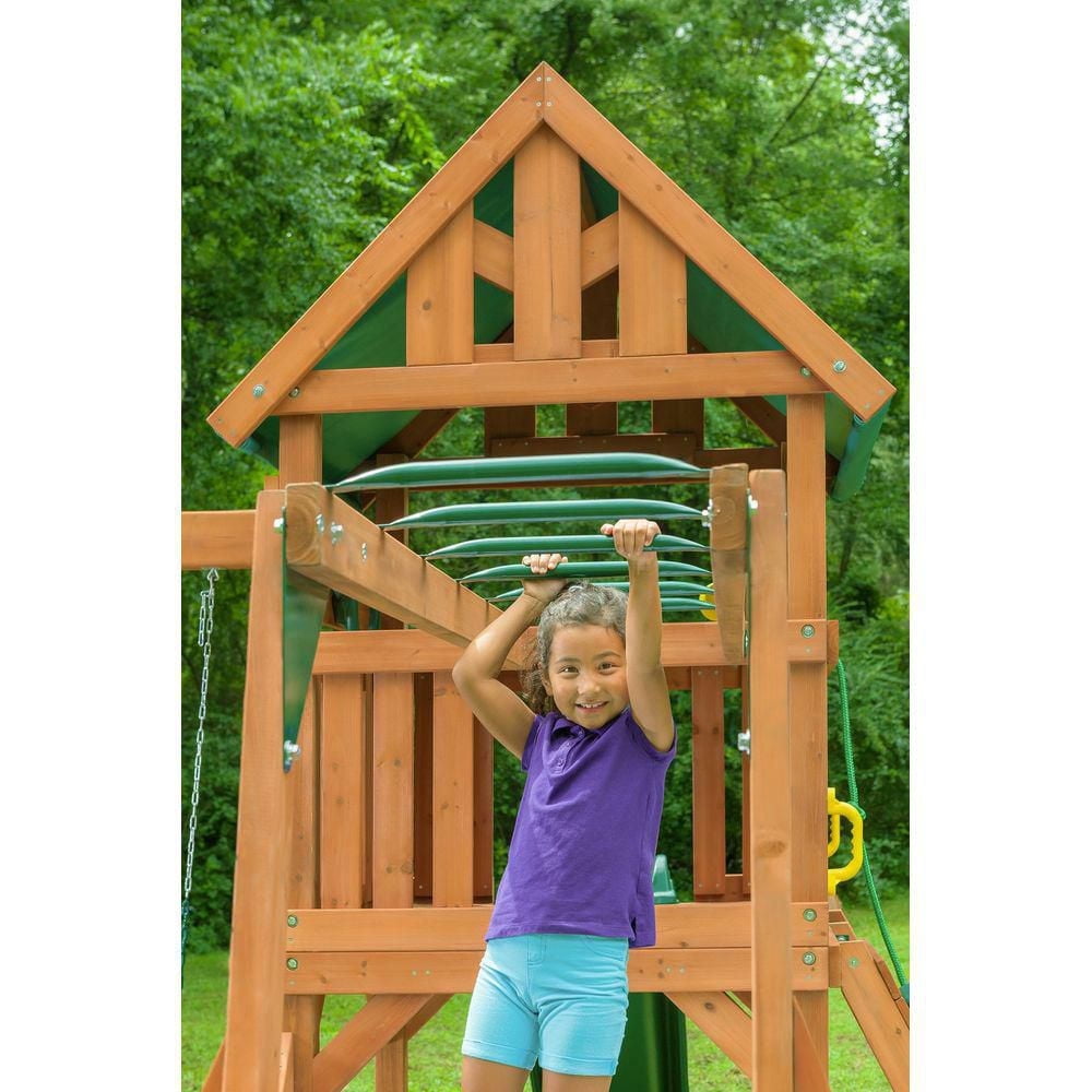 Creative Cedar Designs Mountain View Wooden Playset with Rock Wall, Slide and Swings (Yellow & Green)