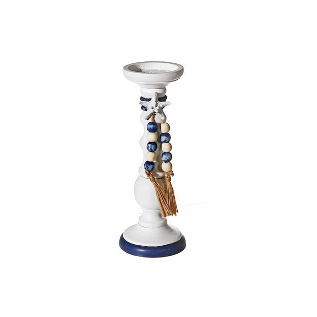 IH Casa Decor Porte-Bougie Pilier avec Guirlande Perlée 11,25 Pouces Est un Porte-Bougie en Bois Blanc avec accents Bleus sur la base et le Dessus, Décoré d'Une Étoile de Mer Nautique et d'Une Guirlande Perlée de Perles en Bois Bleues et Naturelles avec Pompons, Idéal pour la Déco de Maison Côtière et le Style de table.