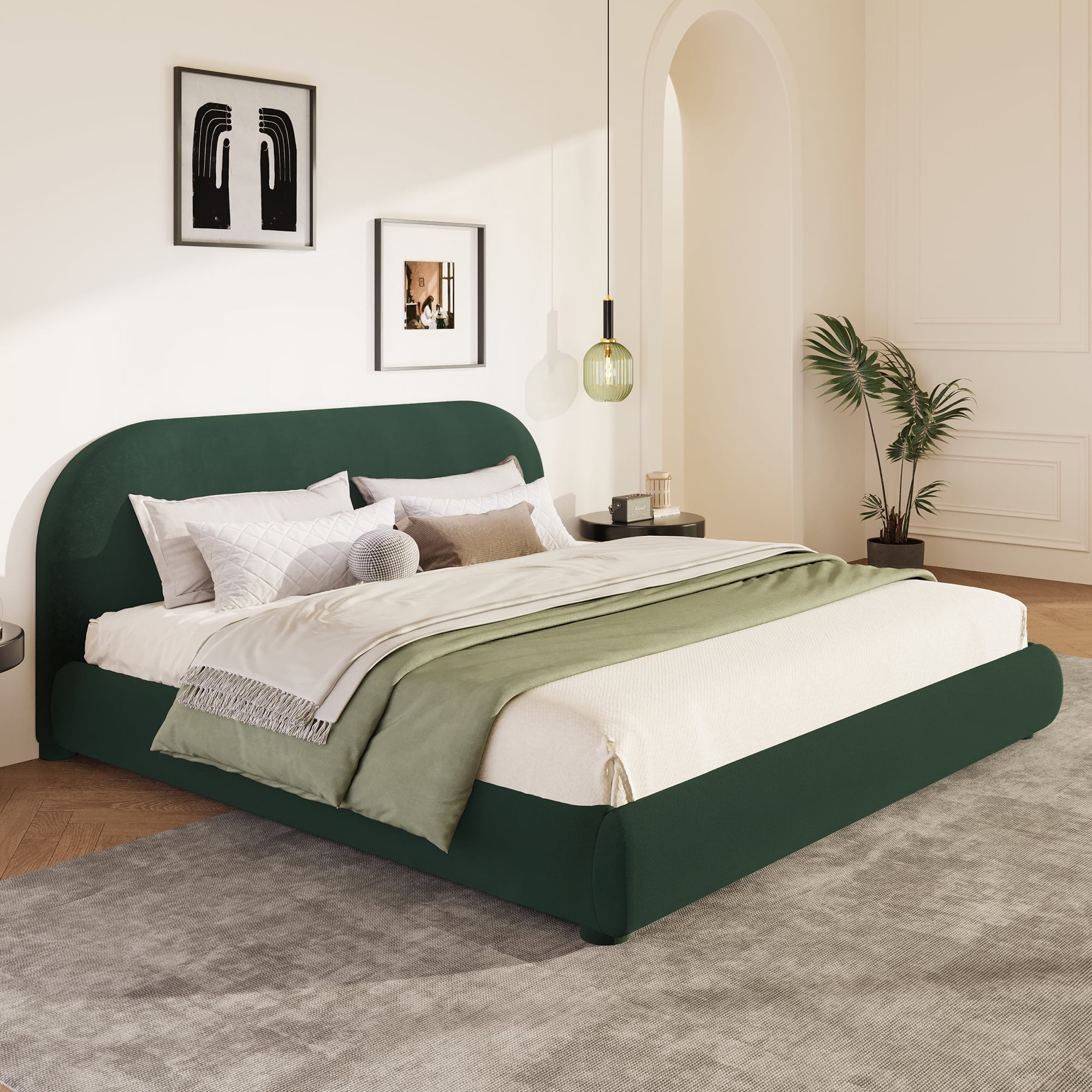 Noble House Lit rembourré Style King Cream, tête de lit en tissu texturé courbé avec structure solide, vert foncé