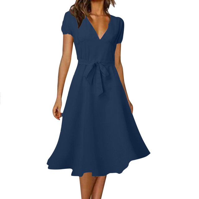 2025 Robe d'Été pour Femmes, Confortable, Ample, Ligne A, Robe d'Été pour Femmes, Couleur Unie, Manches Courtes, Décolleté en V Profond, Robe Longue