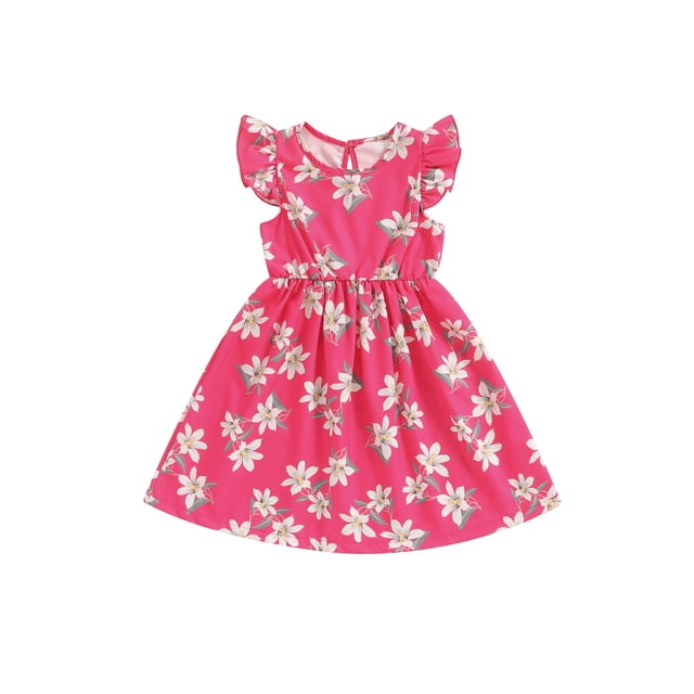 EYIIYE Robe Midi d'Été pour Petite Fille 1T-8T, Robe Trapèze à Manches Volantées pour Tout-Petit, Imprimé Floral, Col Rond, Robe Décontractée, Col Rond, Robe de Princesse à Fleurs pour Fête, Mode pour Enfants, Vêtements Mignons pour les Vacances
