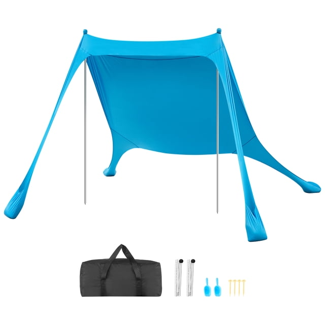 VEVOR Beach Tent Sun Shelter in blue, measuring 7.5x7.5 ft with a height of 6.6 ft, offering UPF50+ sun protection. Made from Lycra fabric, it includes sandbag anchors, aluminum poles, and elastic cords for stability in level 3–4 winds. Ideal for family outings, camping, or fishing, it comes with a carry bag, sand shovels, ground stakes, and a user manual for easy setup and transport.