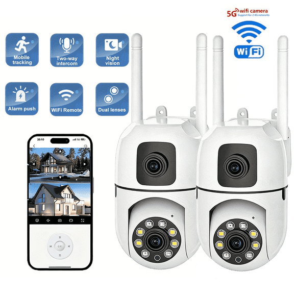 Security Camera Outdoor Dual Lens, 2.4Ghz&5Ghz WiFi 360° PTZ Surveillance Cam with Dual Screen,1080P, 2-Way Audio,Colour Night Vision,Auto Tracking 2PCS
