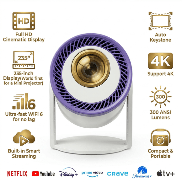 Brother Eye Mark I Ultra-Fast All-in-One 4K Mini Smart Projector, Short Throw, 400 ANSI Lumens & Auto Keystone, Up to 235" Display, Built-in Speaker & Pre-Installed Apps(2GB RAM/16GB ROM)