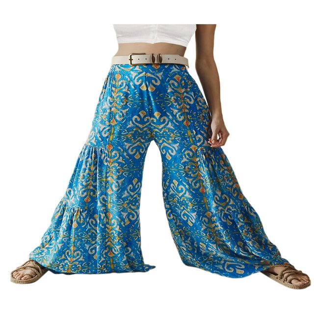 Femmes Boho Beach Pants Taille Haute Décontracté Évasé Jambe Large Droite Impression Beach Pants