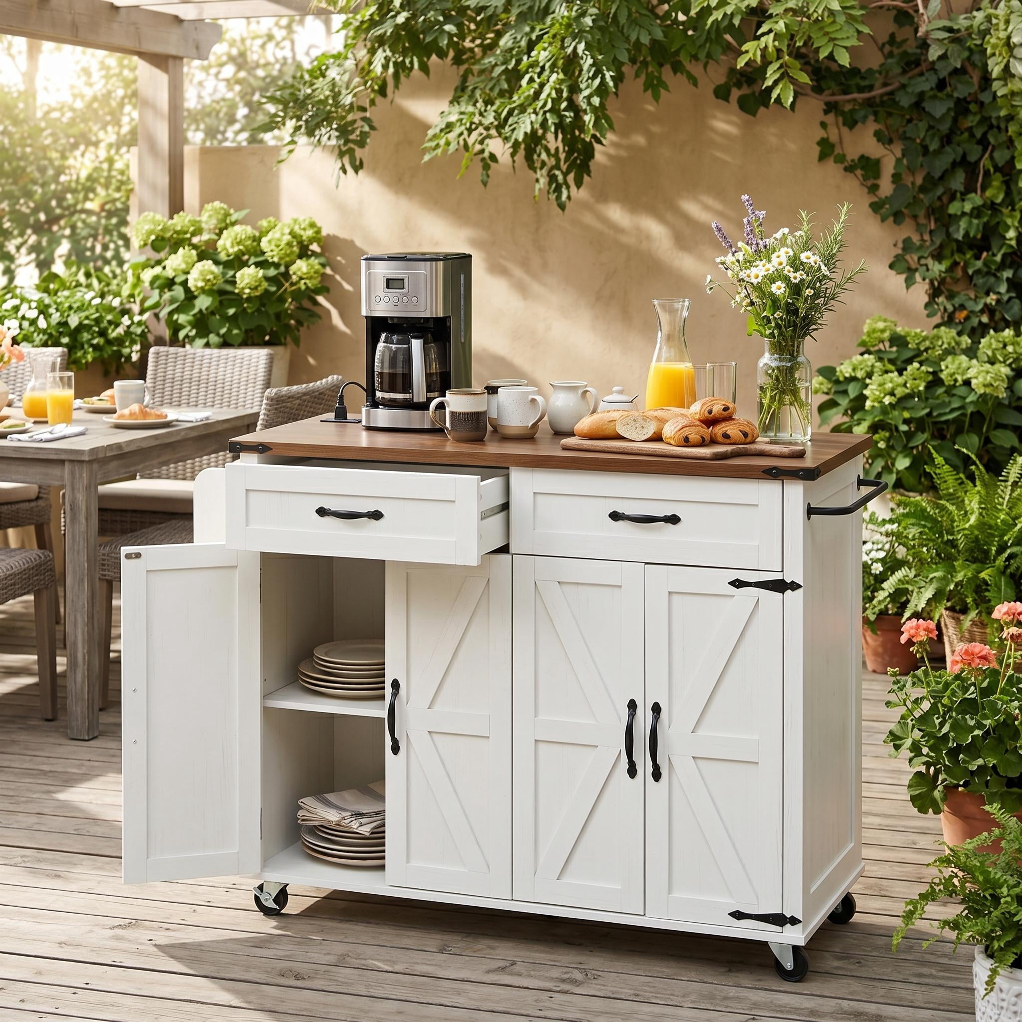 Homy Casa 53 Inch Farmhouse Style Kitchen Island with Power Outlet, Foldable Countertop, Spice Rack, Drawers, and Wheels – White