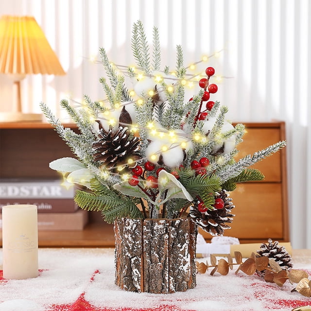 SuoKom Newest Artificial Mini Christmas Trees Prelit- Indoor Christmas Decorations with Lights, Small Xmas Trees Include Berry/Pinecone, Tabletop Christmas Decor