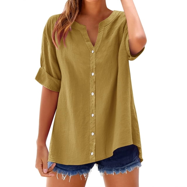Gym Shirts Woman in Clearance Summer Linen Work Tops for Women Trendy Plus Size V Neck Button down Boho Clothes Spring Tops for Women 2025 New Yellow S