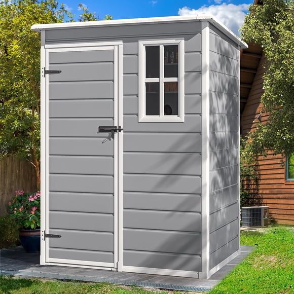 Dextrus 5x3ft Resin Outdoor Storage Shed with Slopeed Roof, Floor, Lockable Door and Window, Waterproof & UV Resistance & Fade Resistance, All-Weather, Grey