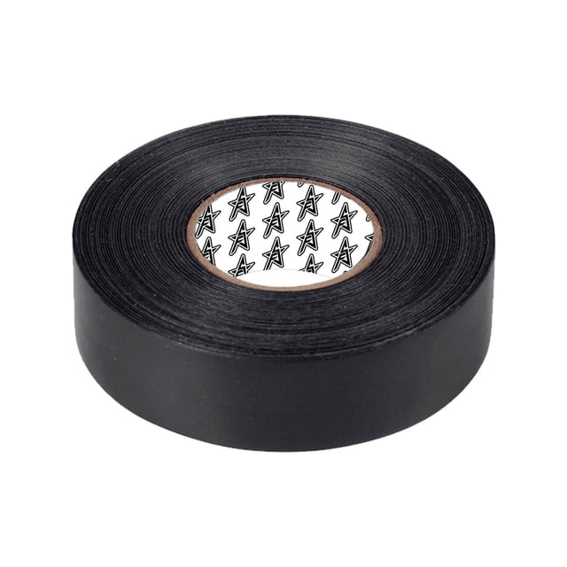 Future Stars Premium Hockey Tape - Black - 60ft Rolls, a close-up front view of a black hockey tape roll with a matte finish and a white core printed with black star logos, designed for taping hockey sticks and securing shin guards with water-resistant durability and easy application.