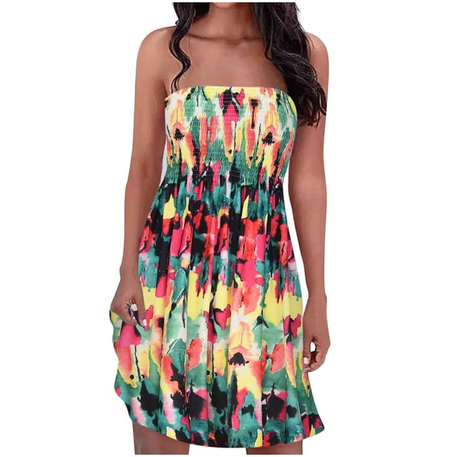 Pompotops Robe Sans Bretelles à Bande Élastique Style Bohème pour Femme Robes Robe Sans Manches à Imprimé Floral