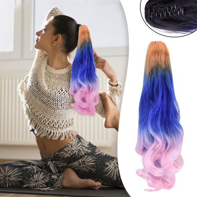Perruque Femme Tricolore Synthétique Longue Ondulée Bouclée Queue de Cheval Extension de Cheveux, Perruque pour Femmes