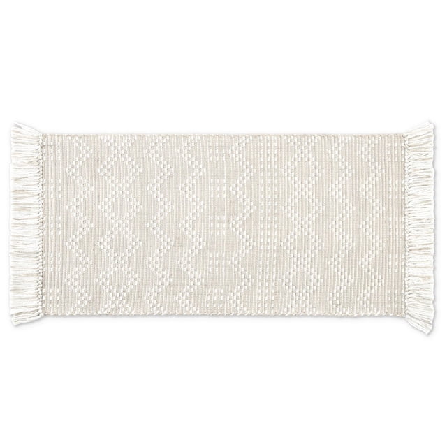 Better Homes & Garden Wisteria Kitchen Mat, 20"W x 41"L, beige woven mat with geometric pattern and fringed edges, featuring ergonomic anti-fatigue cushioning and non-slip backing, ideal for kitchens, laundry rooms, or office workstations.