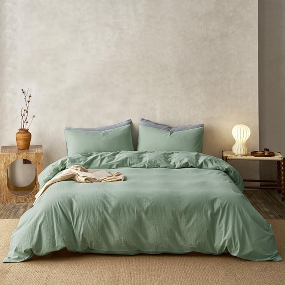 Tan Gingham Duvet Cover Bedding Set Washed Cotton Like Linen Feel Super Soft Comfy Piece Vintage Plaid Checke Fall Comforter Cover Set (Queen &#;x Comforter Not In