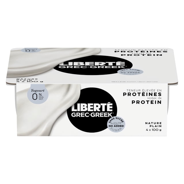 Liberté Contenant de Yogourt Grec 0 % Nature avec logo de Liberté, Contenant Orienté vers l'Avant et Cuillère de Yogourt Grec Nature Épais et à Texture Fine Montrant une Légère Brillance Naturelle; Sans Gras formulation 0 % Notée, Liste des Spécifications du Produit Sans Sucre Ajouté, Riche en Protéines, Sans Gélatine et Sans Agents de Conservation Ni Colorant Artificiel. Convient aux Déjeuners, smoothies Ou à la Pâtisserie.