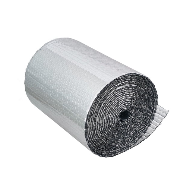 Reflective Insulation Roll 6X300In made of aluminum plating, shown in a coiled form with a silver reflective surface. Designed for thermal insulation and weatherproofing, it is suitable for use in attics, walls, garages, ducts, and HVAC systems. The roll measures 6 x 300 inches and features a flexible, lightweight design for easy installation. Ideal for maintaining indoor temperature and preventing condensation.