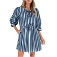 thumbnail image 1 of Ovzne Robes Grande Taille pour Femmes aux Formes Robe pour Femmes à Manches 3/4 Robe Courte d'Été Décontractée avec Nœud Col Ras du Cou Rayée Ample Fluide Robes de Plage Robe de Vacances Liquidation, 1 of 6
