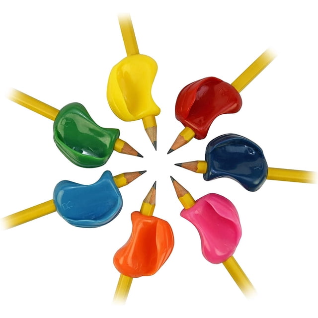 HAHDAXIA Crossover Grip Ergonomic Writing Aid, Classic Colors, 12 Count. A set of colourful ergonomic pencil grips designed to improve finger positioning and prevent fingers from crossing over. The grips, shaped with 'wings,' are shown attached to yellow pencils in a circular arrangement, featuring red, blue, green, yellow, orange, and pink colours. Suitable for right-handed and left-handed users, these grips fit on pencils, pens, crayons, and other writing tools. Designed by doctors and tested by kids.