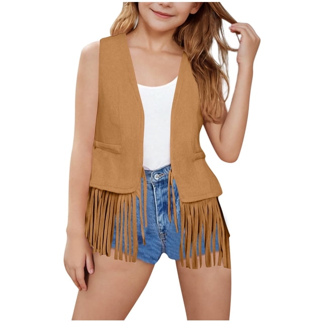 Veste Sans Manches en Similicuir pour Enfants, Veste Courte Style Western Sans Manches avec Col Rabattu, Mélange Doux Coton-Spandex, Brun, Taille 120 cm