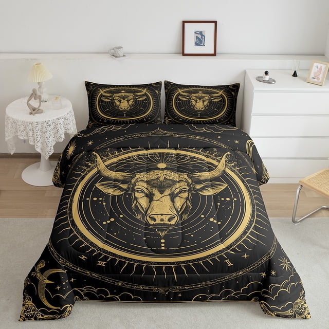 Ensemble de Literie Signe du Zodiaque Taureau Thème Constellation, Ensemble de Couette Format Simple, Style Bohème Occidental Exotique, Ensembles de Couette 12 Horoscopes Astrologie, Insert de Couette Bohème Soleil et Lune Ciel Étoilé Galaxie Courtepointe