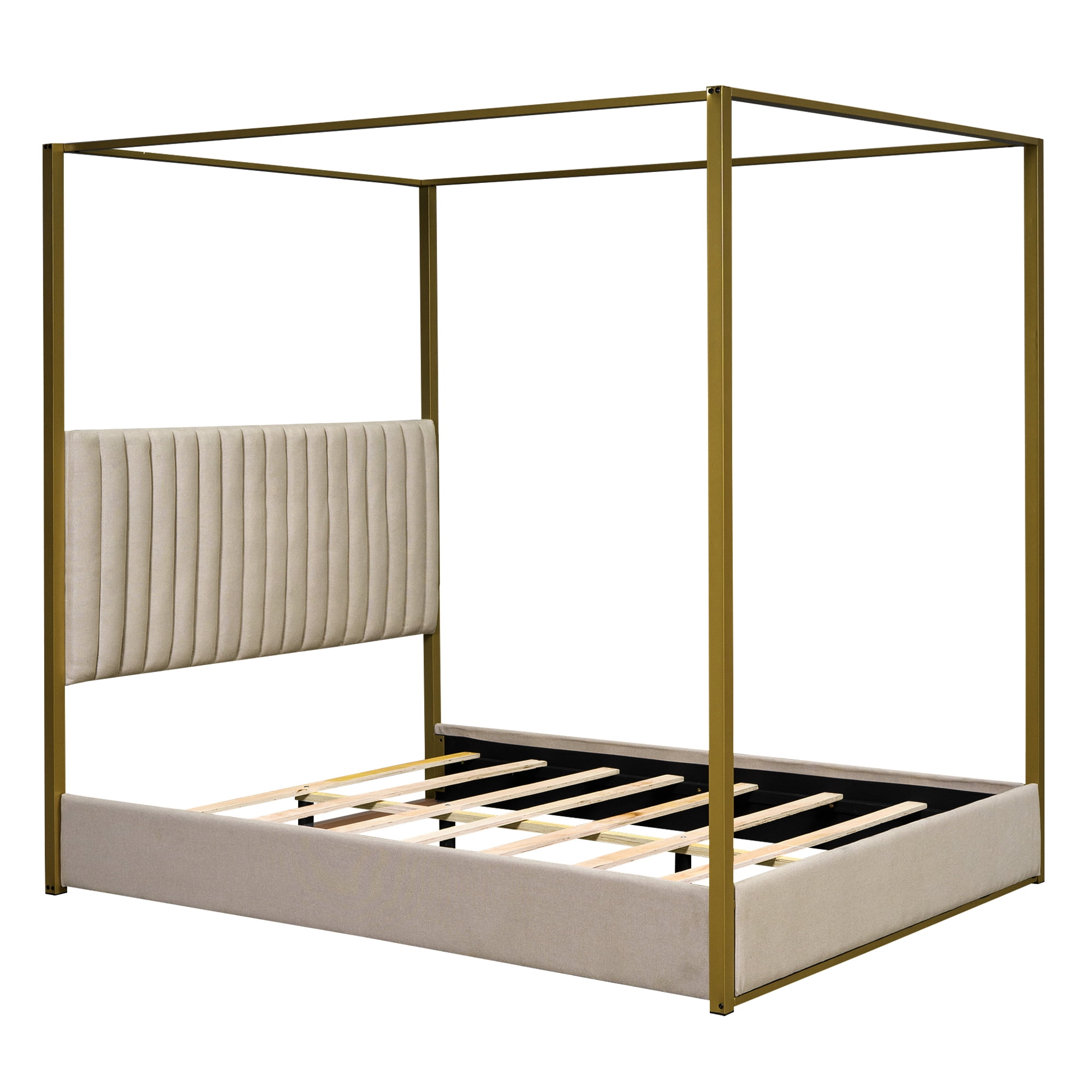 Noble House Queen Size Upholstery Canopy Platform Bed with Headboard and Metal Frame, Beige