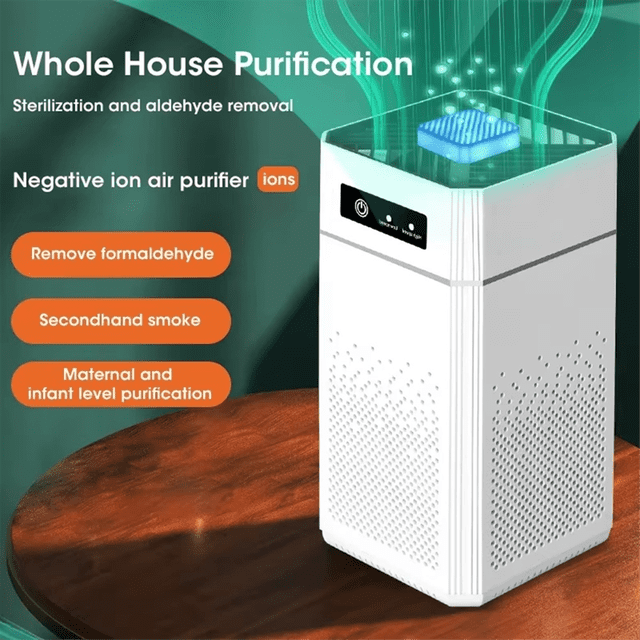 Air Purifier Smoke Odor Filter Portable Air Cleaner for home, car, or room. The compact white purifier features a sleek rectangular design with perforated sides for air intake and a control panel on the front. It is designed for efficient air purification, removing formaldehyde, secondhand smoke, and other impurities. Suitable for bedrooms and small spaces, it includes a USB interface for convenience. Positioned on a wooden surface with a green background, the purifier emits a visual representation of negative ions for enhanced air quality.