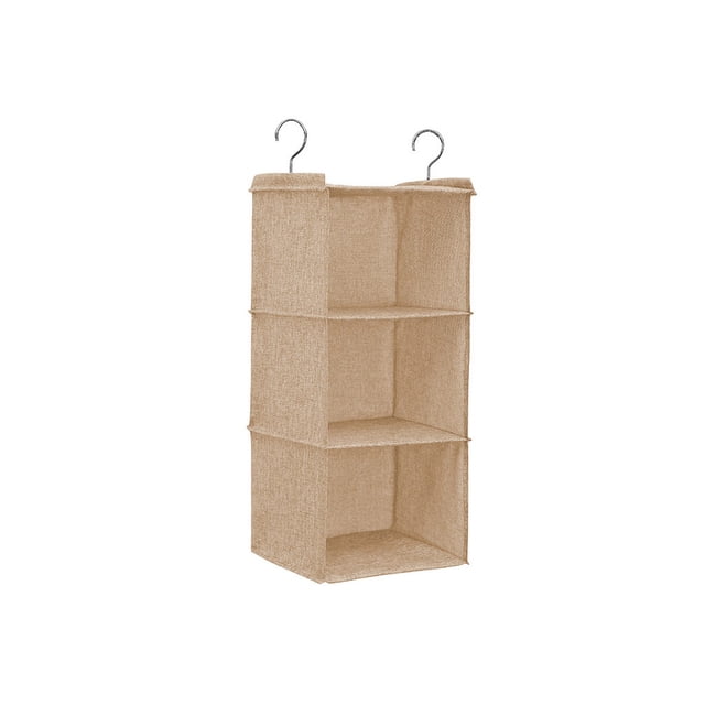 Cotton Linen Hanging Closet Multi Layers Pockets Clothes Organizer Bag Folding Shelves Dual Hooks Wardrobe Sorting Rack Beige 3 Layers